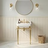 23” Console Bathroom Sink, Vessel Ceramic Vanity Basin with 3 Faucet Holes and Stainless Steel Support Pedestal Legs, Wall-Mounted Rectangular Sink(Gold and White)