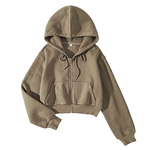 LOFAAC Women Fleece Full Zip Up Cropped Hoodie Sweatshirt 90s Long Sleeve Drawstring Hooded Crop Jacket Top(S,US,Women,Olive Green)