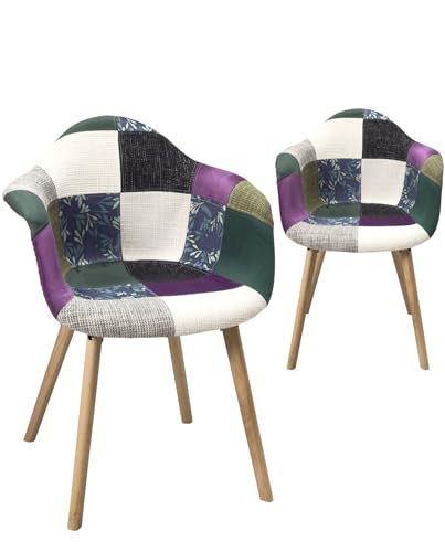 KAYELLES Lot de 2 Chaises Scandinaves rembourrées avec Accoudoirs, NERA (Patchwork méditerranéen)