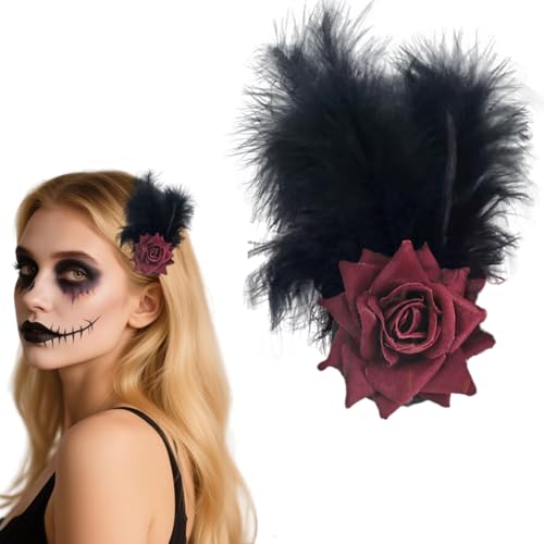 Pinza para cabello con plumas estilo gótico y rosa decorativa para Halloween, bodas y fiestas - GELXGRIT miniatura 5
