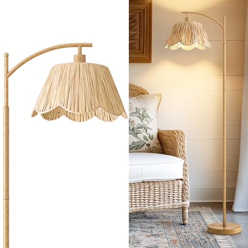 Image of Oneach Boho Floor Lamp for Living Room, Farmhouse Standing Lamp with Foot Switch, Corner Reading Lamps for Bedroom with Hand-Woven Shade, Light Woodgrain Metal Base & Pole