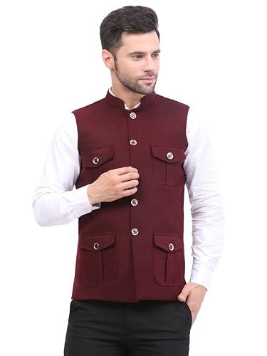 Image of FH Wearza Polywool tweed Solid multipocket Sleeveles Nehru Jacket For Men