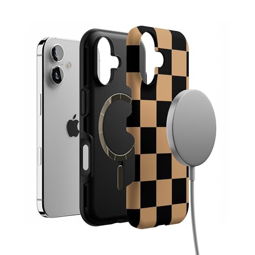 Coque iPhone 17 MagSafe antichoc motif damier noir et marron Casely