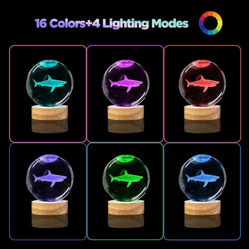 Image of 3D Shark Crystal Ball Night Light with Remote Upgraded 3.15 in Shark Glass Ball Table Lamps with 16 Color Led Wooden Base for Birthday Xmas Cool Shark Figurines Room Decor Gifts for Kids Teen
