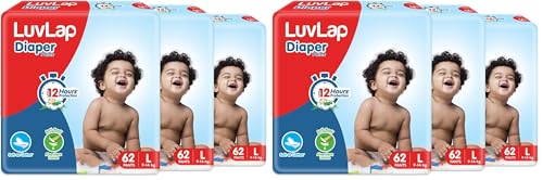 Image of LuvLap Baby Diaper Pants L Size (Large), with Aloe Vera Lotion for rash protection, 186 Count (62x3), with upto 12Hr protection For babies of 9 to 14Kg, Super Jumbo pack (62 Count, Pack of 6)