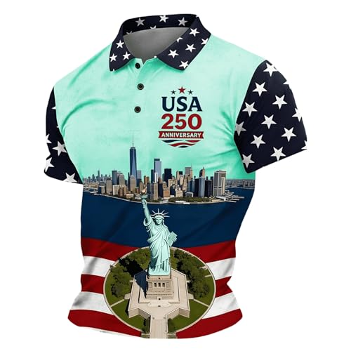 Men's Polo Shirt, Short Sleeve Printed Polo Shirt, Button Collar, Regular Fit, USA 250 Anniversary, Skyline and Statue of Liberty | National Day, Daily, Outdoor, Patriotic Style, Leisure, #01-Mint