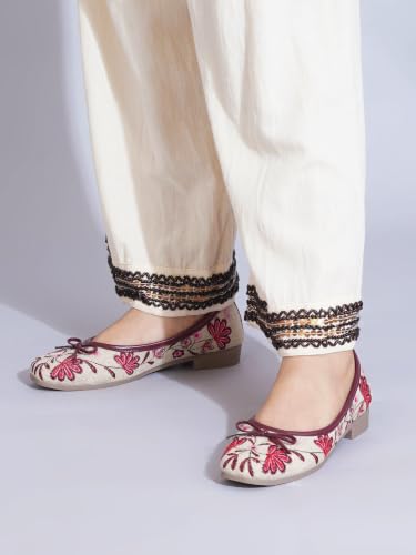 Image of TRYME Floral Embroidered Bow Ballerina Shoes for Women | Lightweight Slip-On Belly Flats | Soft Sole Comfortable Casual Footwear