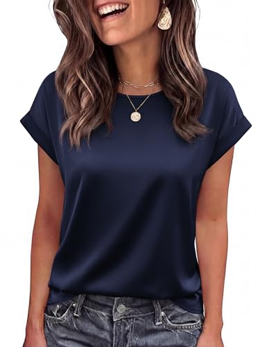 BTFBM Summer Tops for Women 2026 Dressy Satin Blouses Loose Crew Neck Short Sleeve Shirts Work Business Casual Outfits(Navy, Medium)