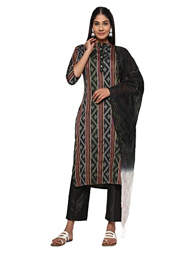 Image of Vbuyz Women's Cotton Blend Printed Straight Stitched Kurta Pant with Dupatta (VF-KU-1949-SKD-38 Black Medium)