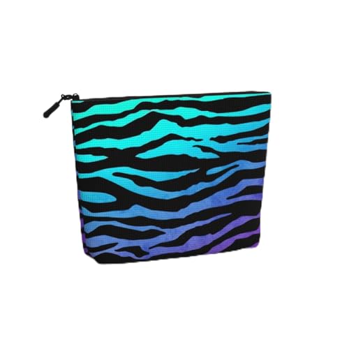 Bolsa de maquillaje de cáñamo falso con estampado de rayas de cebra de camuflaje morado, azul y verde de gran capacidad, bolsa de aseo personal, bolsa de viaje con cremallera.