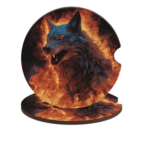 Portavasos para carro con diseño de lobo en fuego, pack de 2 miniatura 1