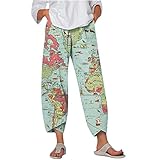 Briskorry Hose Damen Weites Bein Sommerhose Leicht 7/8 Weltkarte Drucken Freizeithose Leinenoptik Stoffhose mit Tasche Lässig Elastisch Casual Strandhose Bequem Atmungsaktiv Yogahose
