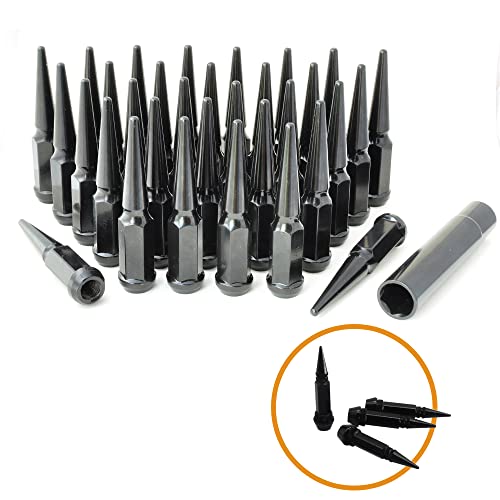 Image of 32PCS 4.4 inch Length 14x1.5 Black Wheel Spike Lug Nuts,Cone /Conical Bulge Seat,Closed End Nuts with 1 Socket Key and Gift Set 4 Pcs Black Aluminum Tires Valve Stem Cover Caps