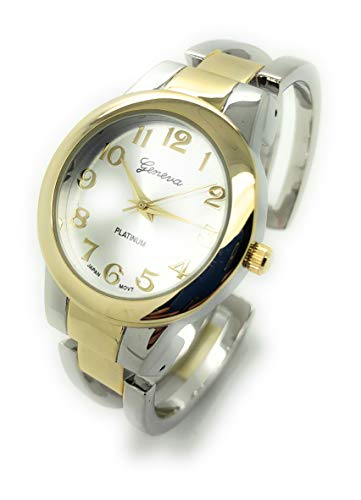 all4udeals Ladies Round Elegant Simple Casual Metal Bangle Cuff Fashion Watch Easy Reader Dial (Two Tone)