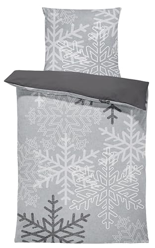 one-home Winter Biber Bettwäsche 155x220 cm Schneeflocken grau...