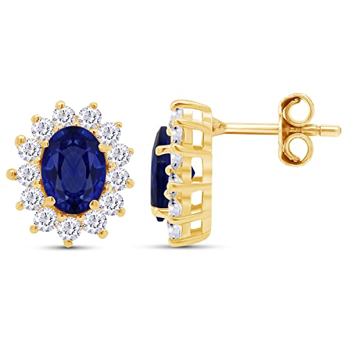 Blue Sapphire Oval Halo Stud Earrings – Simulated Gemstone with Cubic Zirconia, 14K Gold Plated 925 Sterling Silver, Elegant Jewelry for Women, Everyday or Special Occasions