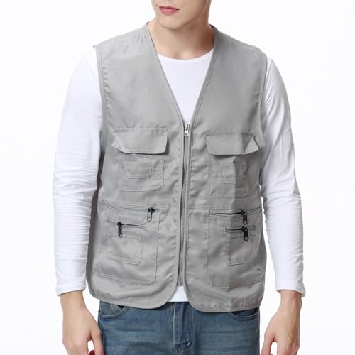 Men Summer Vest Solid Color Convenient Workwear Outdoor Zipper Multi-Pocket V-Neck Tank Top Sleeveless Coat2
