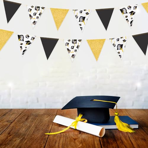 Black Gold Graduation Decorations 2026 Black Gold Grad Hat Cap Banner Triangle Pennant Bunting Streamer Garland Backdrop for Grad Party Supplies Class of 2026 Classroom Middle High School Grad Decor by pinkblume - Used condition - Image 6