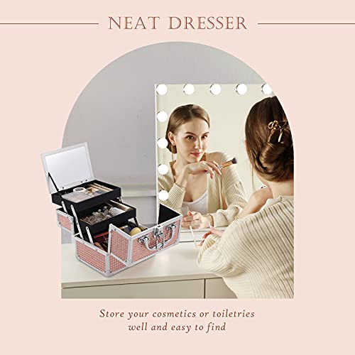 Costravio Portable Makeup Train Case Cosmetic Box 2 Trays Makeup Storage Organizer With Mirror Lockable For Nail Tech Jewelry Girls Travel Case - Rose Gold #TOP1