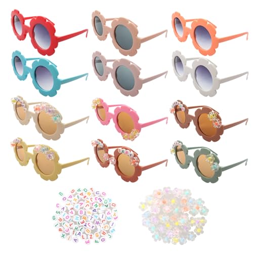 Fumwase Kids Round Flower Sunglasses for Girls Toddler - 12 Pairs, 100 Letter Beads, 50 Flower Beads, 1 Glue