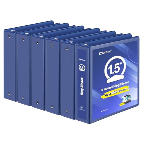 COMIX 3 Ring Binder 1.5 inch with Clear View Cover 1.5 View Binder Holds 300 Sheets of US Letter Size Paper 6 Pack (Dark Blue)