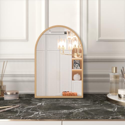 Image of Arched Bathroom Wall Mirror Aluminum Alloy Frame Hanging Vanity Mirror for Living Room Bedroom Entryway Vanity, Brushed Metal Framed Wall Mounted 16 inchx12 inch
