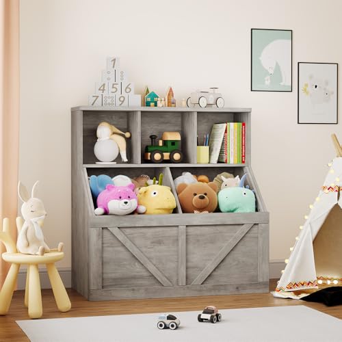 GarveeHome Kids Toy Storage Organizer, Kids Bookshelf and Toy Storage, Toddlers Bookshelf Toy Organizer for Kids Rooms Playroom Bedroom Nursery Daycare, Washed Grey