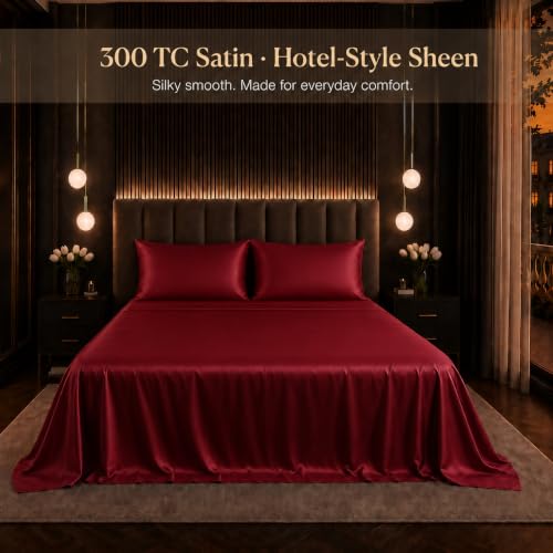 Image of Cloth Fusion Flat Satin Bedsheet Double Size 90x100 inch | Crimson Red, 2 Pillow Covers, 300 TC, Glossy Finish, Smooth on Hair and Skin, Gift for Couples, Wedding & Anniversary