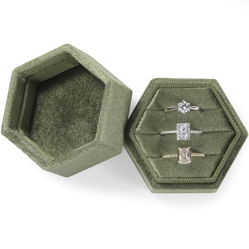 WantGor Velvet Jewelry Ring Box, 3 Slots Hexagon Ring Gift Box Vintage Ring Display Holder Case for Wedding Ceremony Proposal Engagement (Olive Green)