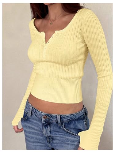 GORGLITTER Women's Lightweight Cropped Sweater Button Up Long Sleeve Scoop Neck Slim Knit Fall Trendy Pullover Tops2