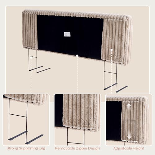 Image of Pinmoco 4.7 inch Upholstered Modern Headboard for Full Size Bed, Height Adjustable and Ergonomic Headboard, Easy Assemble, Sturdy and Durable, Faux Rabbit Fur, Light Camel