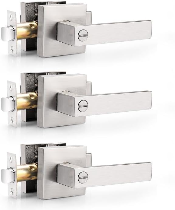 Probrico Heavy Duty Square Satin Nickel Privacy Door Levers, Interior Keyless Locks Bath/Bed Door Locksets, Reversible for Left/Right Handed Doors, 3 Pack