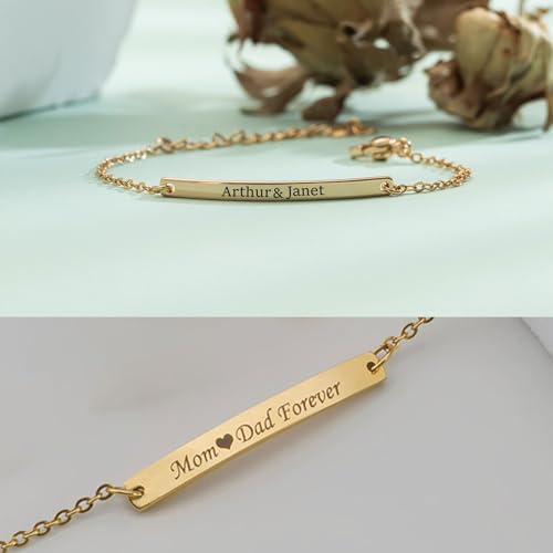 MRENITE Personalized Name Bar Bracelet with Simulated Birthstone Soild 10k/14k/18k Gold Inspirational Gift Handmade Customized Engraved Initial ID Coordinates Charm Christmas3