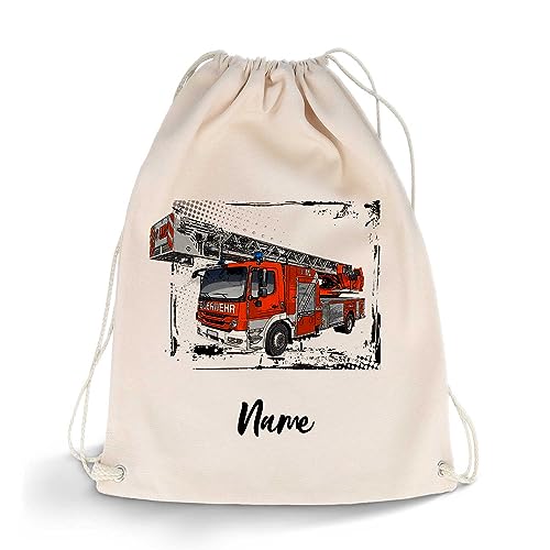 GRAVURZEILE Bedruckter Turnbeutel - Feuerwehr Design & Wunschname - Sportbeutel Rucksack Daypack Gymbag mit Kordelzug - für Schule & Freizeit Sport - für Jungen & Mädchen - 12 Liter 33x45 cm