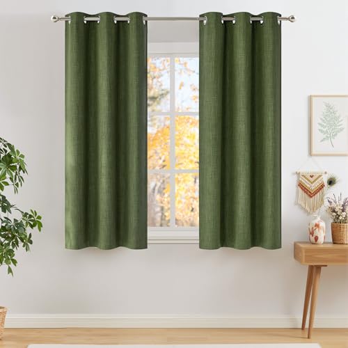 Image of NICETOWN Short Faux Linen Froest Green Blackout Curtains 63 inches Long for Kitchen - Privacy Panels for Living Room Bedroom, Modern Farmhouse Style Easy Care Grommet Top, 2 Panels, W42 by L63