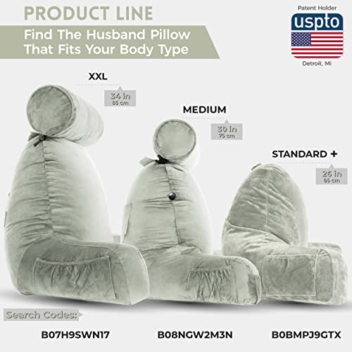 Husband Pillow Xxl Desert Sage Backrest With Arms - Adult Reading Pillow Shredded Memory Foam, Ultra-Comfy Removable Microplush Cover & Detachable Neck Roll, Unmatched Support Bed Rest Sit Up Pillow #TOP3