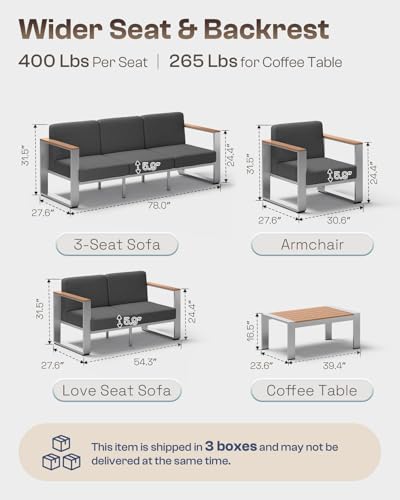Image of Aluminum Patio Furniture Set, 5 Seats Outdoor Patio Conversation Sets with Ergonomic Seat and Wide Washable Thick Cushions, Modern Outdoor Sectional Furniture for Balcony, Porch