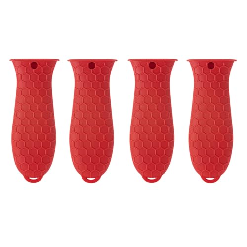 4 Pcs Silicone Hot Handle Holder, Non-Slip Potholder for Cast Iron Skillets, Rubber Pot Handle Sleeve Heat Resistant for Frying Pans & Griddles Sleeve Grip Handle Cover,Metal cookware Handles, Red