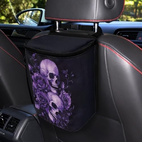 Purple Skull Roses Pattern Car Trash Can with Lid and Zipper Portable Foldable Trash Bin for Car Interior Accessories Multipurpose Garbage Can Bags Storage Organizer Halloween Decor