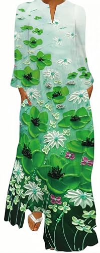 Ocean Plus Damen Frühlings- und Sommerkleid mit Langem Rock V-Ausschnitt Langen Ärmeln mit Taschen und Lockerem Blumendruck