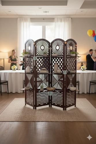 Image of Wooden Room Divider 6 Feet, 4-Panel Folding Wooden Partition for Living Room, Office, Pooja Room, Restaurant, Kitchen & Balcony (2W x 1.82H Meters). (Dark Brown)