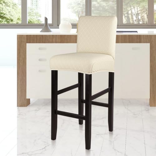 Image of SearchI Jacquard Bar Stool Covers Set of 2, Stretch Washable Barstool Seat Covers, Counter Height Chair Covers for Kitchen Dining Room Cafe (Check Jacquard Beige)