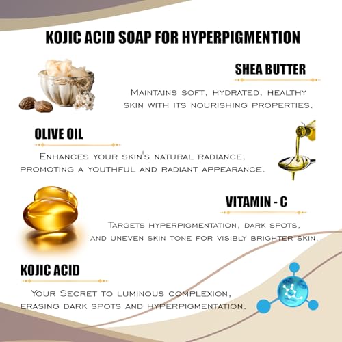 Image of Kojic Acid Soap (Pack of 8 (100 Grm)) for Hyperpigmentation - with Glutathione, Collagen & Vitamin C - Natural Soap Bars with Turmeric - Original Japanese Complex for Dark Spot Correction