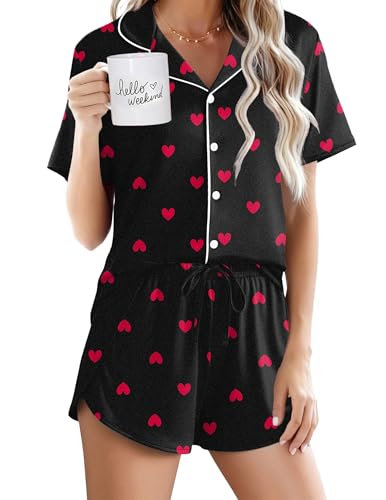 Image of Ekouaer Pajamas for Women Set Button Up Sleepwear 2 Piece Pjs Lounge Set Short Sleeve Nightwear