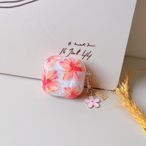 Image of MINSCOSE for Cute Glitter AirPods 4 Clear Case,Shell Pattern Hibiscus Flower Design with Kawaii Floral Keychain,Soft TPU Protective Cover with Cleaner Kit for Girls Women for AirPods 4-Red
