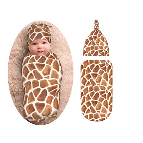 Image of Giraffe Print Newborn Swaddle Blanket with Beanie Set, Soft Giraffe Baby Stuff Receiving Blanket Infant Swaddle Sack for Baby Boy and Girl Gifts