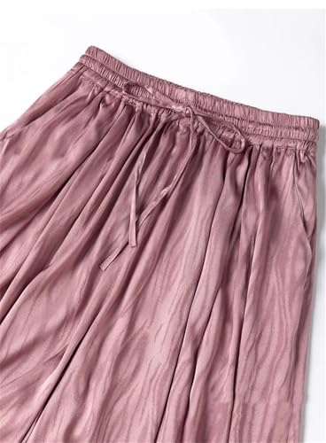 Womens Silk Elastic Waist Solid Color Wide Leg Pants Comfy Casual Flowy Pant with Pockets2