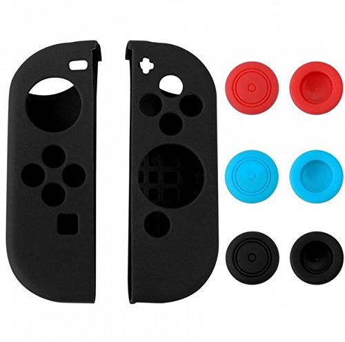 8 in 1 Silicone Protective Skin Soft Shell Case with Thumbsticks Grips Caps Cover for Switch Controller Skin Black