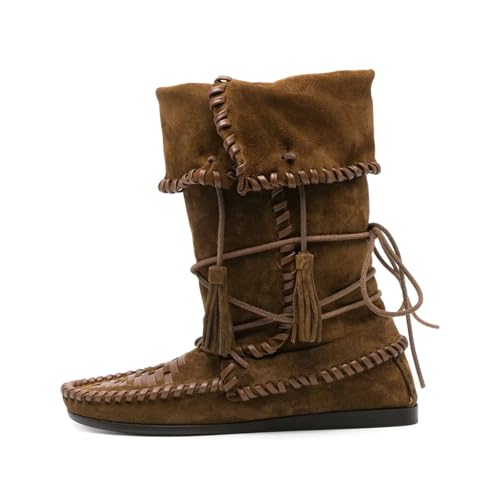 Agodor Women Slouched Ruched Fold Over Mid Calf Boots Suede Leather Woven Fringe Western Cowboy Boots Flat Lace Up Retro Short Booties2