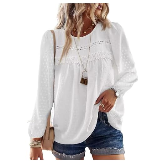 TUUHAW Langarmshirt Damen Boho Herbst Bluse Top Oberteile Fließend Spitze Süß Elegant Rundhals Longsleeve T Shirt Frühling Lässig Outfits Kleidung Winter Longshirt Weiß S